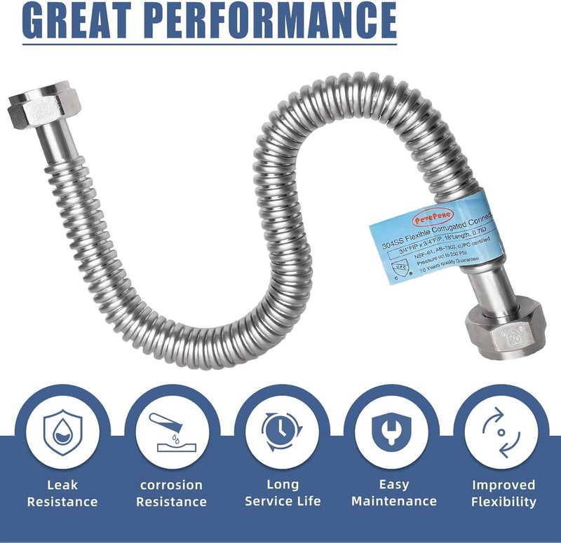 PEVEPEXE 2 PACK, Water Heater Hose 1"FIP x 1" FIP, 18" Length Stainless Steel Flexible Corrugated Water Heater Connector,1 Inch SS304 Flex Pipe Hose For Water Softener(0.7"ID) - Image 4